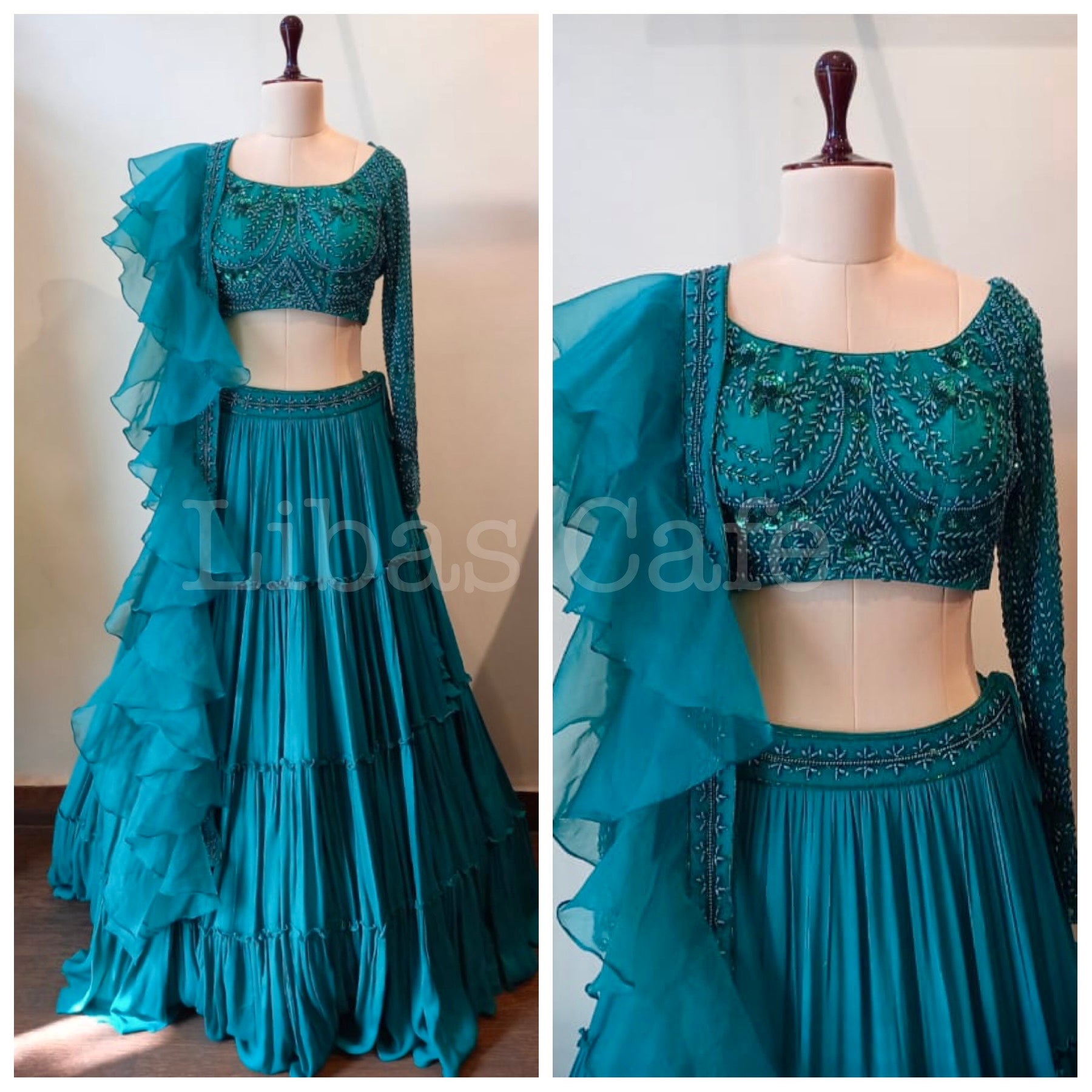Green Ruffle Dupatta Pearl Lehenga